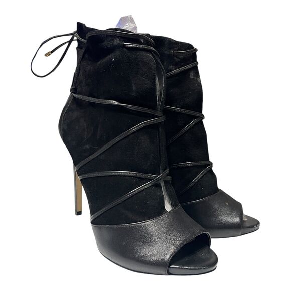Guess Leather Heeled Black Booties Zip Closure Style Ayana 10 M Lace Up Detail - Picture 1 of 6